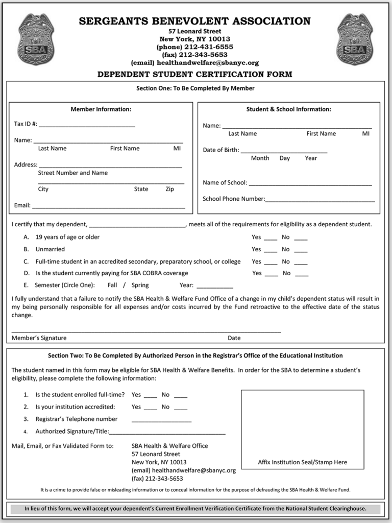 Dependent Student Certification Form | January 3, 2024